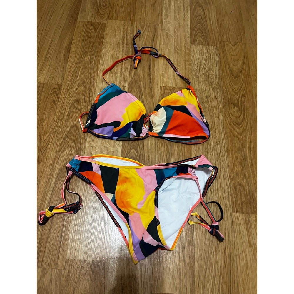 NEW Abstract Tropical Sunset Piece Bikini Set Skirt Medium Orange Green Yellow - Picture 4 of 14